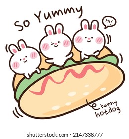 Rabbit in hotdog hand drawn background So yummy writing Cute cartoon character design Animal doodle style Kawaii bunny concept Fast food Kid graphic Image for card poster Vector Illustration 
