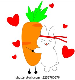 A rabbit hug carrot and tie band. Vector illustration. 