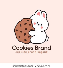 Rabbit hugging chocolate chip cookie side logo. Cute kawaii bakery mascot with pink cheeks on peach.