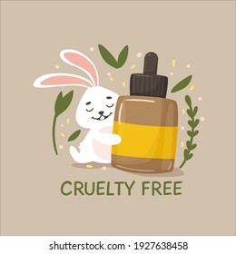 Rabbit hugs serum. Cruelty free vegan food label with rabbit vector illustration. Not tested on animal badge. Eco cruelty free concept logo design with rabbit symbol for sticker, stamp, label, badge.