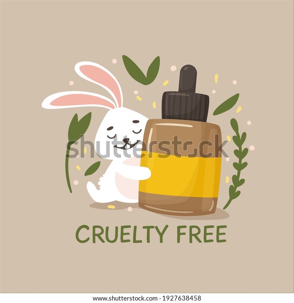 Rabbit hugs serum. Cruelty free vegan food label
with rabbit vector illustration. Not tested on animal badge. Eco
cruelty free concept logo design with rabbit symbol for sticker,
stamp, label, badge.