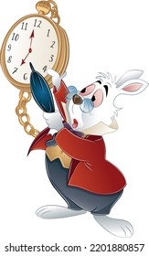 rabbit in a hurry running to wonderland pointing to time