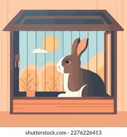 Rabbit in a hutch. Domestic or farm yard animals. Flat vector illustration concept