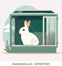 Rabbit in a hutch. Domestic or farm yard animals. Flat vector illustration concept