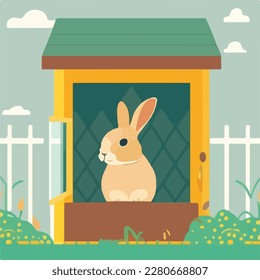 Rabbit in a hutch. Domestic or farm yard animals. Flat vector illustration concept