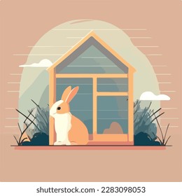 Rabbit in a hutch. Domestic or farm yard animals. Flat vector illustration concept