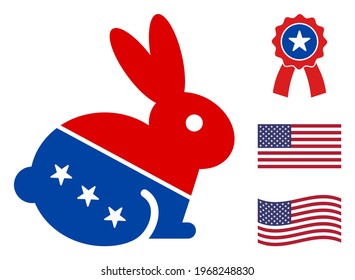 Rabbit icon in blue and red colors with stars. Rabbit illustration style uses American official colors of Democratic and Republican political parties, and star shapes. Simple rabbit vector sign,