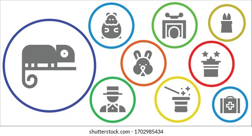 rabbit icon set. 9 filled rabbit icons. Included Chameleon, Hamster, Trick, Magician, Rabbit, Magic, Veterinary icons