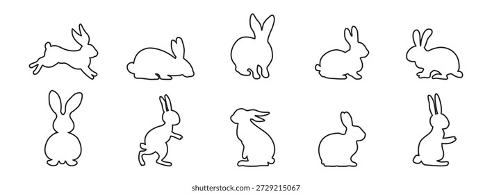 Kaninchen-Symbol-Set, Hase in mehreren Posen, sitzen, springen, laufen und springen, niedliche pelzige Tierwelt Vektorgrafik auf transparentem Hintergrund