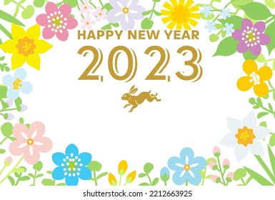 Rabbit Icon With Spring Wildflower Frame - 2023 Japanese New Year Card Design Template