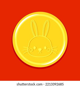 Rabbit icon vector. Happy Chinese new year greeting card 2023 with cute rabbit. Rabbit face on Gold coin.