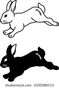 Iconos de conejo. Ilustraciones vectoriales blancas y negras. Mamífero. Conejo Corriendo. Para el diseño de libros para colorear. Concepto de animales domésticos