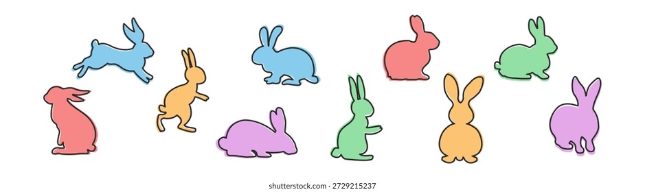 Ícones de coelho, lebre colorida e poses de coelho, sentado, correndo, saltando e descansando, ilustração vetorial sobre fundo transparente