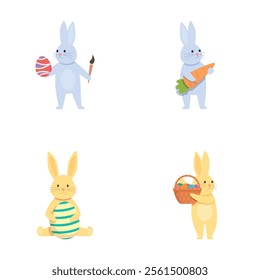 Сute rabbit icons set cartoon vector. Funny rabbit and easter egg. Spring religious holiday