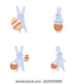 Rabbit icons set cartoon vector. Cute bunny and easter egg. Spring religious holiday