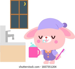 Rabbit illustration brushing teeth at night