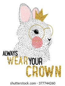 rabbit illustration with crown for apparel