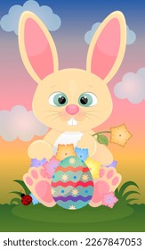 Rabbit illustration with Easter egg. Cute rabbit colorful drawing.