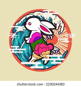 rabbit illustration with japanese style for kaijune event, notebook, logo