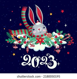 Rabbit illustration Symbol of 2023 year on branch composition Christmas tree branch, berries, stars, candies, toys, snow. New year card with Cute cartoon hare.