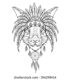 Rabbit in the Indian roach. Indian feather headdress of eagle. Hand draw vector  illustration