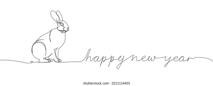 Rabbit and inscription happy new year one line art. Continuous line drawing of new year holidays, christmas, congratulations, weekend, animal, zodiac, symbol of the year, festive atmosphere.