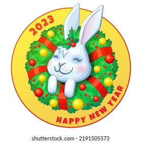 Rabbit inside advent wreath cartoon illustration. 2023 new year cute bunny with christmas wreath vector icon isolated on white background. Happy holidays season greetings drawing with funny hare