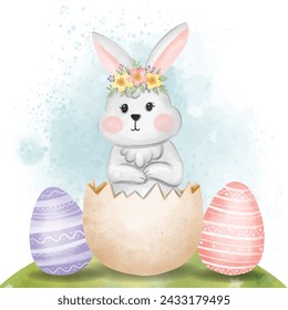 rabbit inside an Easter egg Watercolor illustration