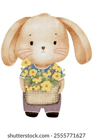 Rabbit isolated for Easter day,Rabbit holding basket flowers,Watercolour cute Bunny easter for greeting card, website, Spring banner,poster,Vector illustration animal hare portrait hand draw elements