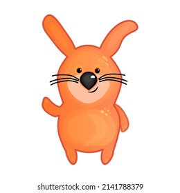 Rabbit isolated on white background. Little orange color bunny standing. Funny easter rabbit. Cute cartoon character, lovely animal. Sweet pink hare or lapin sticker. Stock vector illustration