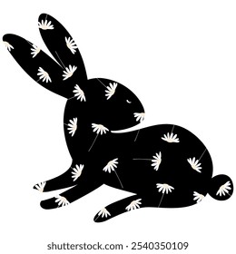 Rabbit isolated on white background for Happy Easter,Vector Black Bunny Silhouette Paper cut with White Spring Flowers pattern,Animal Hare Rabbit Sitting