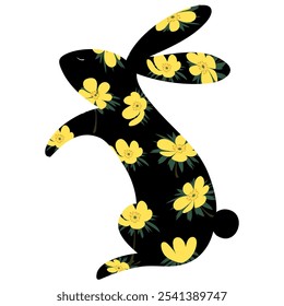 Rabbit isolated on white background for Happy Easter,Vector Black Bunny Silhouette Paper cut with Yellow Spring Flowers pattern