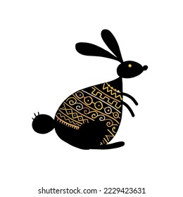 Rabbit isolated on white, black silhouette. Vintage ornament decor. Bunny - symbol of 2023 chineese new year. Vector illustration