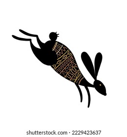 Rabbit isolated on white, black silhouette. Vintage ornament decor. Bunny - symbol of 2023 chineese new year. Vector illustration