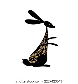 Rabbit isolated on white, black silhouette. Vintage ornament decor. Bunny - symbol of 2023 chineese new year. Vector illustration