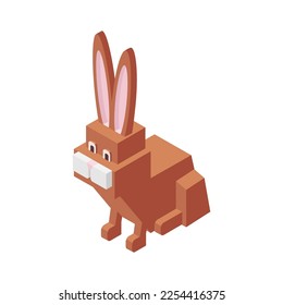 Icono isométrico conejo - ilustración vectorial dibujada a mano. Diseño de color plano.
