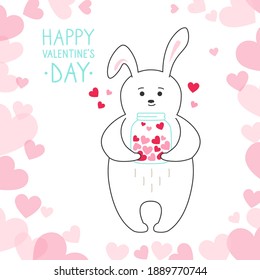 Rabbit with jar of hearts, Happy valentines Day greeting card. Draw doodle cartoon style. Romantic banner cute hand drawn rabbit. Design for print, about love hearts vector illustration