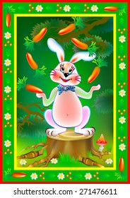 Rabbit juggling carrots, vector cartoon image