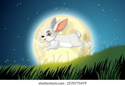 A rabbit jumps in front of a glowing moon