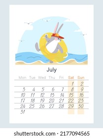 The rabbit jumps on the beach in a swimming circle. Hare on the beach near the sea. Animal on vacation. July 2023 calendar. Flat vector illustration. Eps10