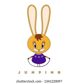 Rabbit jumps on a skipping rope. The Easter Bunny is getting better in the spring and playing sports. Vector illustration.