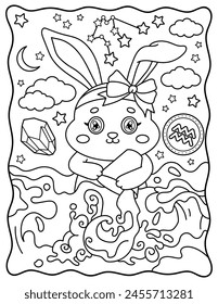 Rabbit, аquarius. Kawaii. Cute characters. Coloring page, page, book, black and white vector illustration.