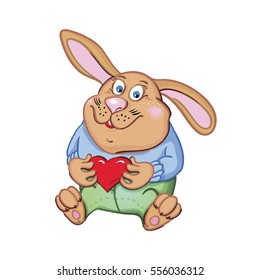 Rabbit  keeps red heart isolated on a white background for postcard Valentine's Day, vector illustration