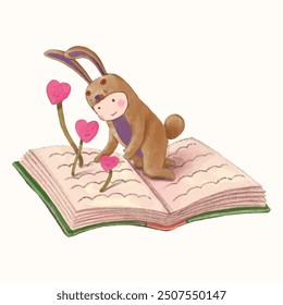 Rabbit kid and book. children illustration. watercolor vector. animal cartoon. reading and education concept artwork.