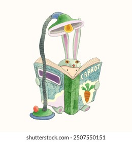 Rabbit kid and book. children illustration. watercolor vector. animal cartoon. reading and education concept artwork.
