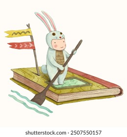 Rabbit kid and book. children illustration. watercolor vector. animal cartoon. reading and education concept artwork.