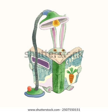 Rabbit kid and book. children illustration. watercolor vector. animal cartoon. reading and education concept artwork.