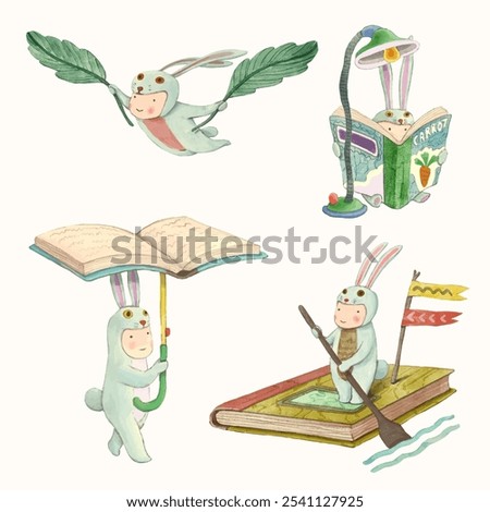 Rabbit kid and book. children illustration. watercolor vector. animal cartoon. reading and education concept artwork.	
