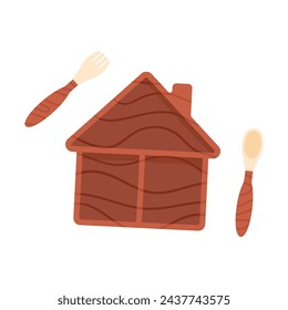 Rabbit kid tableware. Wooden plate, fork, spoon for child. Kids eco-friendly utensils. Baby nutrition and feeding lifestyle concept. Isolated vector illustration in cartoon style