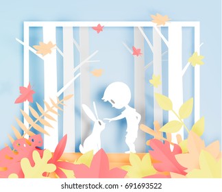 Rabbit and kid in the woods with paper art style and beautiful pastel color background vector illustration